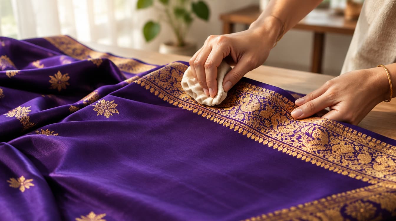 Hands gently cleaning the gold zari border of a purple silk saree