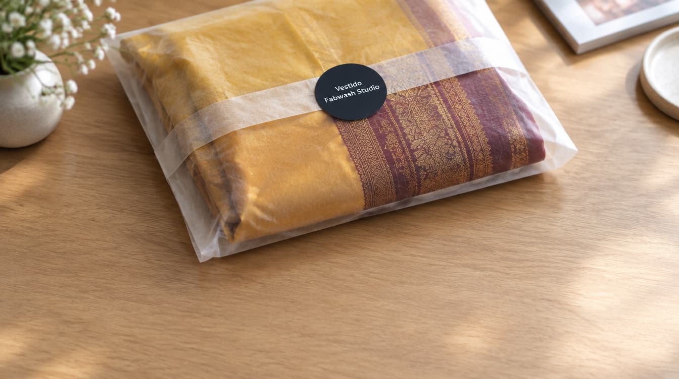 Finished silk sarees folded, sealed and ready for delivery