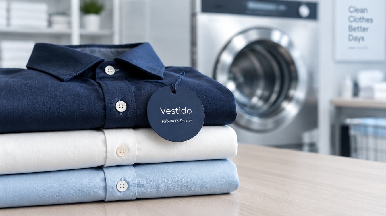 Folded navy, white and light-blue shirts stacked with the Vestido Fabwash Studio branded tag, laundry behind